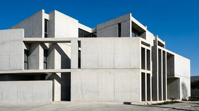 Modern concrete building facade featuring sharp geometric lines and a unique shadow of a palm leaf captured in this bright and sunny daylight architectural exterior photograph