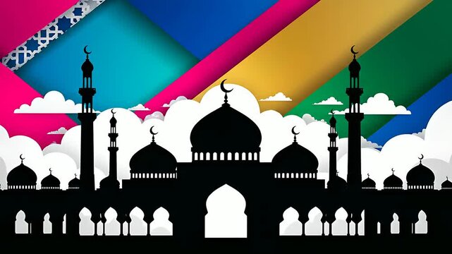 Silhouette of a mosque with domes and minarets against a colorful abstract background. White paper-cut style clouds and Islamic geometric patterns frame the architecture. Ramadan and Eid concept.