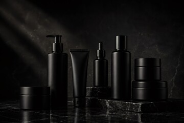 Fototapeta premium Black cosmetic product bottles, cream jars, and pump dispenser showcasing luxury skincare packaging on dark marble