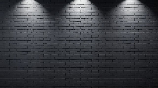 Dramatic dark gray brick wall illuminated by three spotlights from above with textured surface