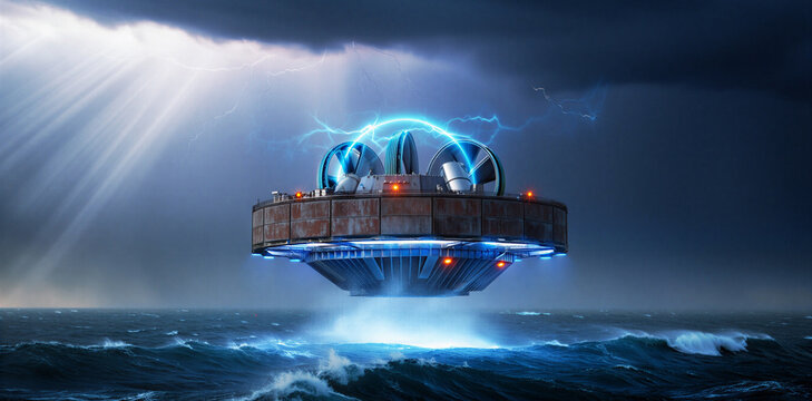 Futuristic flying disc-shaped craft levitating over stormy ocean with dramatic light rays breaking through dark clouds sci fi science fiction blue light digital art futuristic levitating