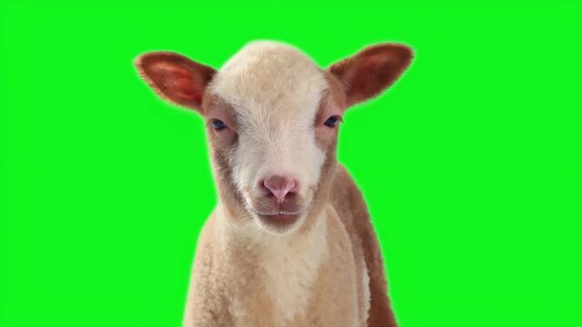 Cute little lamb head looking at camera on green screen. Animated cinemagraph, parallax animation, based on an original photograph.