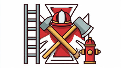 Fototapeta premium Firefighter helmet axes and hydrant set against safety symbol background