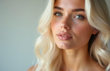 Naklejka premium Beautiful woman with platinum blonde wavy hair and blue eyes. Her skin glows with natural makeup. She poses in a minimal studio setting. She represents beauty and hair care.