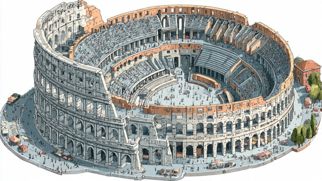 Detailed illustration of ancient Roman Colosseum with vibrant colors and architectural details