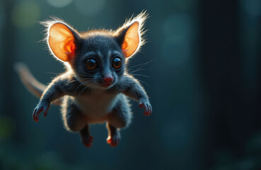 Obraz premium Bushbaby jumps through air with big eyes. Small nocturnal primate leaps mid flight against dark forest. Cute furry creature displays agile motion in natural habitat.
