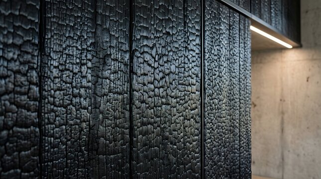 Close up photograph showing the rough textured surface of charred wood panels installed on a modern interior wall providing a unique decorative architectural design aesthetic element