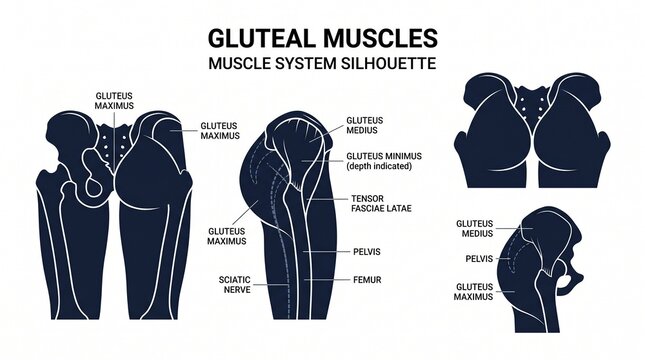 Gluteal muscles muscle system silhouette diagram with human body, parts