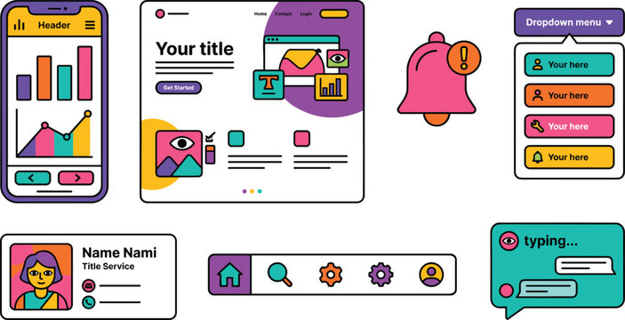 Website and Mobile App UI UX Design Kit featuring Analytics Charts Landing Page Layout Notification Bell Dropdown Menu Navigation Bar and Chat Widget Components