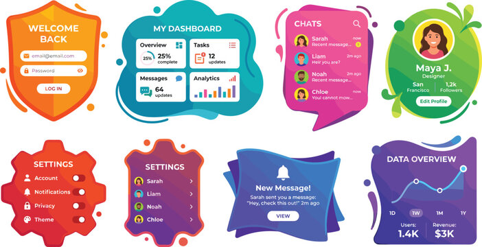 Mobile App UI UX Dashboard Element Set with Analytics Chart Chat Interface Login Screen and Settings Menu Widget Components for App Design