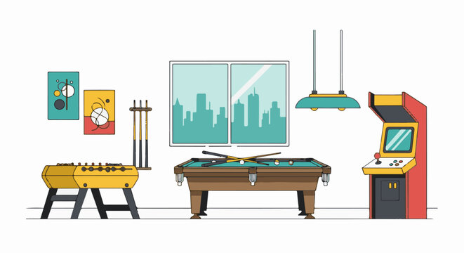 Entertainment room with foosball, pool table, and arcade game