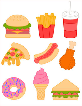 Set of fast food or junk food.Hamburger, Pizza, Fries, Coke, Hot Dog, Fried Chicken, Donut, Ice Cream and Sandwich.Menu for restaurant.Sign, symbol, icon and logo isolated.Cartoon vector illustration.