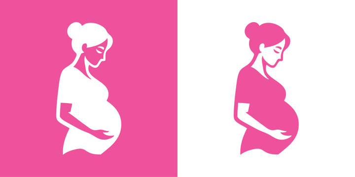 Dibujo minimalista de silueta de mujer embarazada de pie, con una mano en el vientre, vista de perfil	