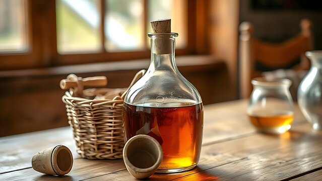 demijohn. Glass demijohn with wicker basket containing amber homemade wine on wooden table. bar promotions, beverage menus, designed for product packaging and bar promotions, inspires menu design.