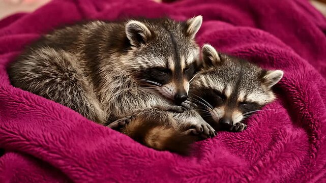 Two young raccoons snuggling together on a soft pink blanket. Cute baby procyon lotor kits resting and sleeping in a cozy indoor setting. Wildlife rescue and friendship concept for animal care.