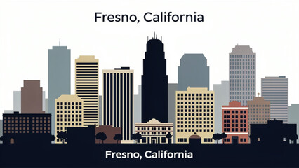 Silhouette of Fresno California skyline at sunset with high-rise buildings and colorful sky © Axis