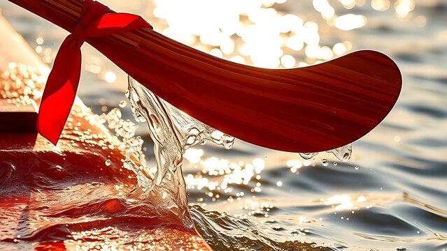 paddle. Dragon boat paddle cutting through water with red ribbon, dynamic action. event key visuals, club posters, designed for fitness apps and gym onboarding, boosts motivation.