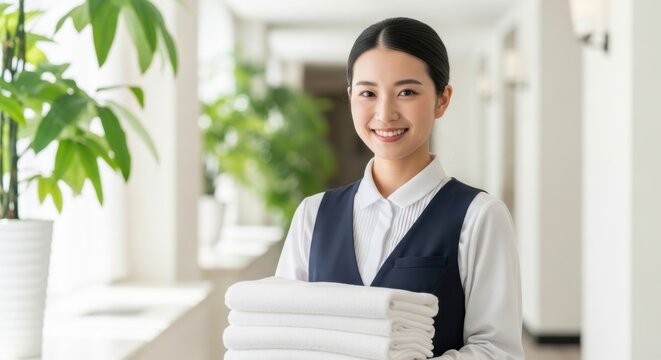 Smiling hotel maid in uniform holding stack of clean folded white linens