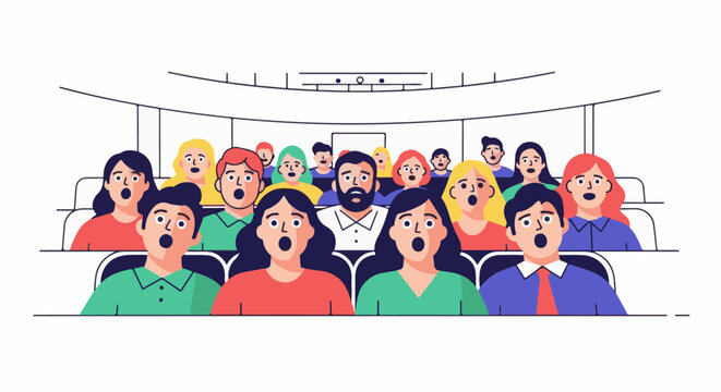 A diverse group of people with open mouths sit in rows watching a performance
