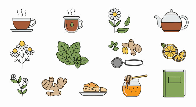A collection of icons depicting tea ingredients and related items, like herbs and honey