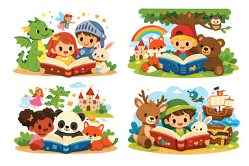 Fototapeta premium Set of Whimsical Cartoon Illustrations Featuring Diverse Children and Cute Animals Reading Fairytale Books Together, Including Dragons, Knights, Fairies, Bears, and Pandas in Magical Settings.
