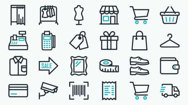 Fashion retail and clothing store icon set in outline style