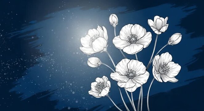Beautiful hand-drawn white flowers bloom gracefully, illuminated by a soft glow on a textured dark blue background.