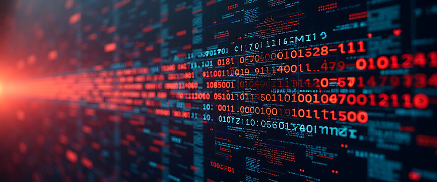 Digital data stream with red glowing numbers abstract background for technology.