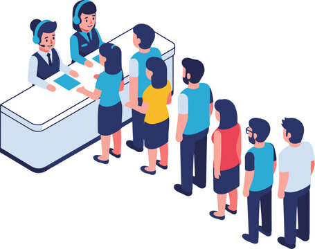 Call center agents assisting a queue of people at a front desk vector can be editable