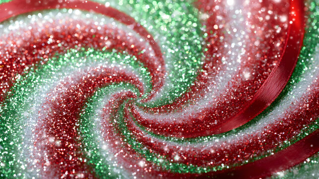 Sparkling christmas spiral background with glitter ribbons and festive peppermint motion