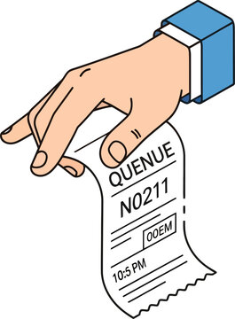 Hand holding a paper ticket with a queue number vector can be editable