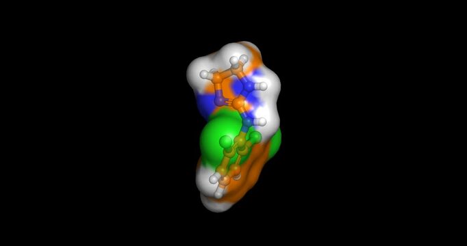 Clonidine, non-stimulant alpha-2 adrenergic receptor agonist drug for attention deficit disorder/ADHD, 3D molecule spinning, 4K