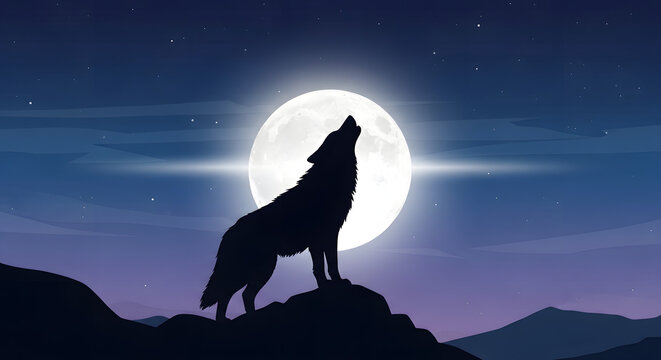 Majestic lone wolf silhouette howling under the radiant glow of a full moon in a serene, star-filled night wilderness landscape, evoking mystery and the call of the wild