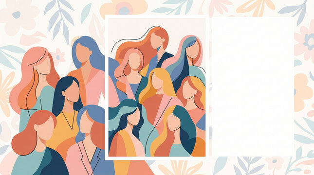 Diverse group of women with flowing hair, celebrating femininity and solidarity in a soft, floral background