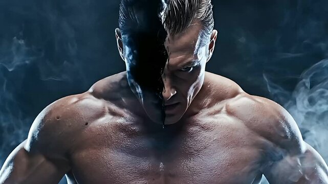 Intense muscular man in smoke with a dark substance covering his face. Shirtless bodybuilder in a cinematic dark setting. Concept of duality and mental struggle.