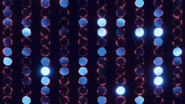 Glowing blue circles and red rings creating a dynamic, random light pattern on a dark background. Seamless loop.