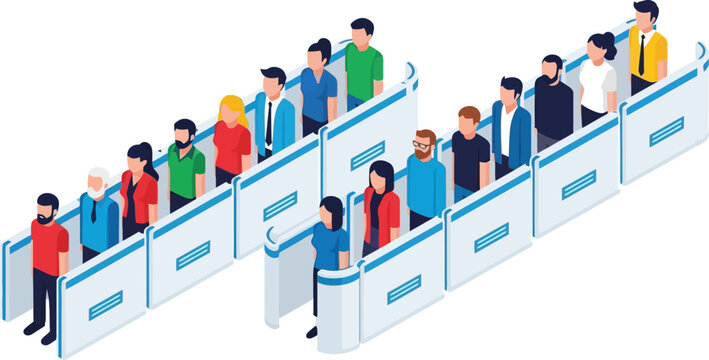 Multiple people standing in separate partitioned waiting lanes vector can be editable