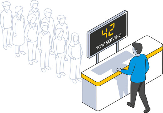 Person approaching a service counter with a queue of people behind vector can be editable