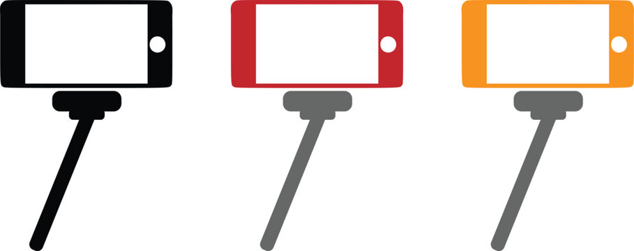 Selfie stick vector icon set, monopod with smartphone mockup in colorful flat design