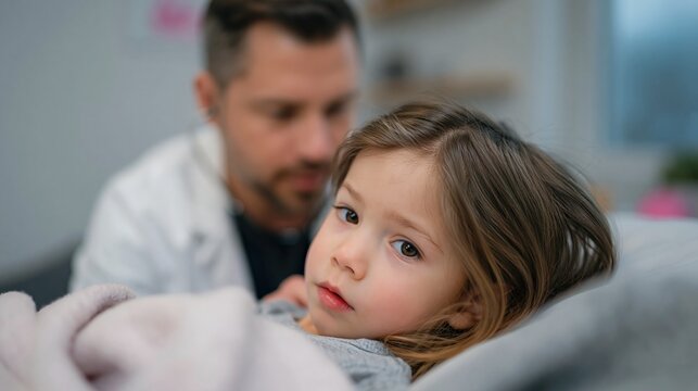 Sick child resting with doctor and parent in clinic