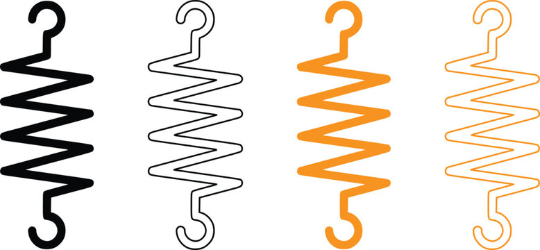 Metal spring vector icon set, extension tension coil spring with hooks outline and flat silhouette
