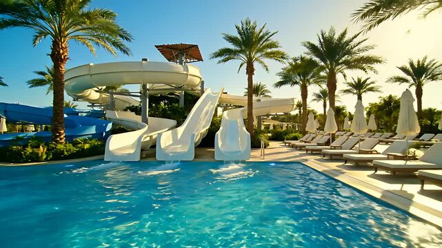 Luxury water slides at a tropical resort pool. Palm trees and sun loungers sit under a bright summer sun. Vacation concept ideal for tourism marketing and travel agency promotion.