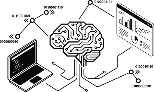 Artificial intelligence brain circuit connected to laptop and data analytics chart with binary code, big data