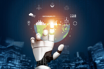 The concept of using AI for sustainability and green energy management. An AI vision for a smart city with renewable resources and a clean ecosystem. Motif © InfiniteFlow