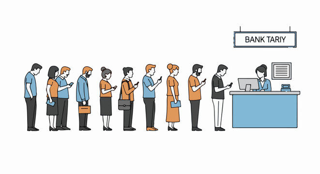 People queue at a bank counter, using phones while waiting