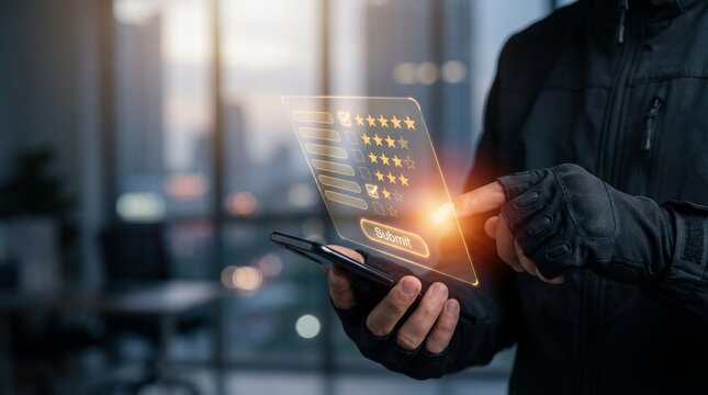 A user rates product quality, service, and delivery through a futuristic holographic interface, merging digital feedback, satisfaction analytics, and smart interaction in a modern cityscape.