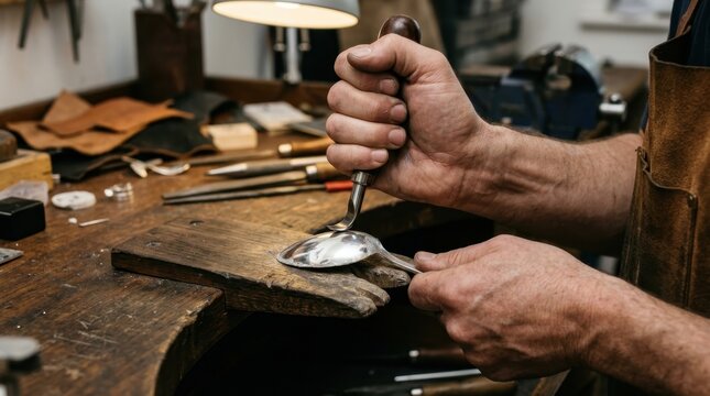 Closeup of a silversmith working on a silver spoon in a workshop