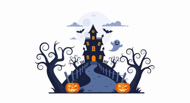 Spooky haunted house scene with pumpkins, bats, and a ghost under a full moon