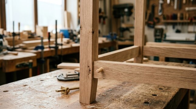 Closeup of a wooden furniture joint with a dowel in a woodworking workshop