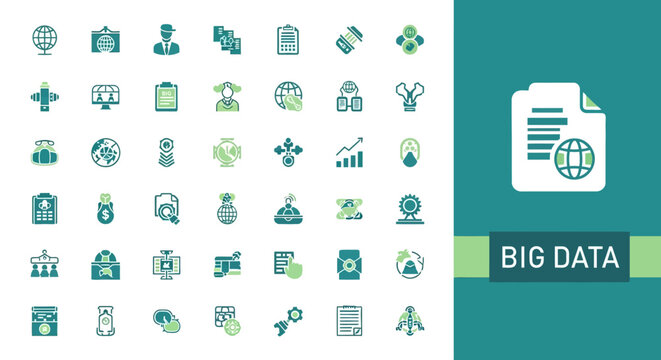 Collection of big data icons and symbols representing information technology, analytics, and digital transformation